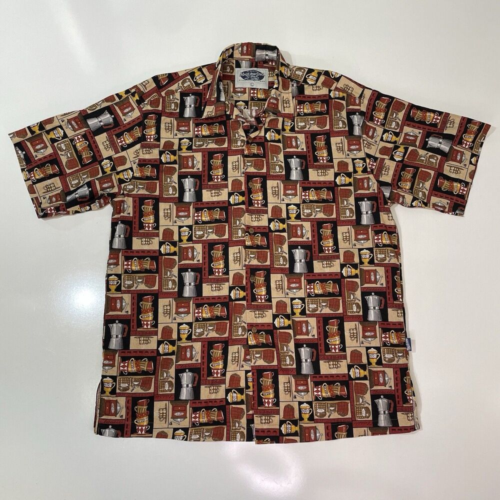 VTG Maui And Sons Men’s Shirt Coffee Shop Espresso Print Hawaiian Button 90s Lg